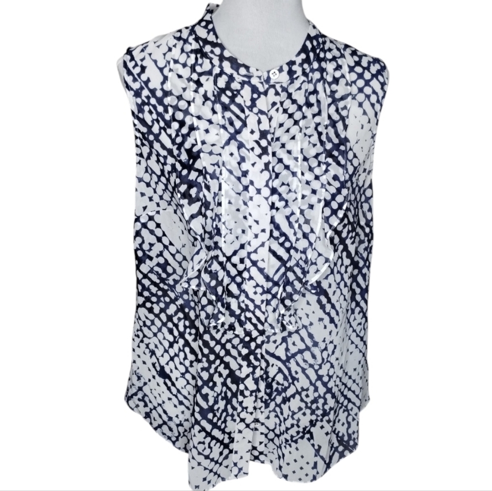 CAbi Sleeveless Blue and White Slightly Sheer Women's Top With Ruffled Placket M